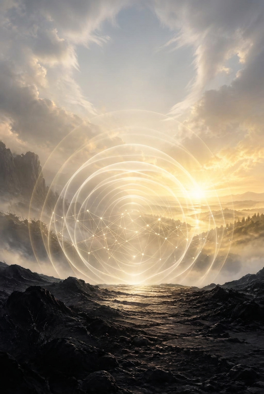 Ondas de luz e conexões se expandindo sobre uma paisagem entre montanhas