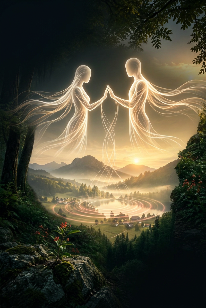 Duas almas luminosas se encontram antes de reencarnar em um vale, entrelaçando seus caminhos